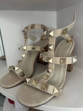 ShuShop Nude Beige Block Heel Sandals with Gold Studs